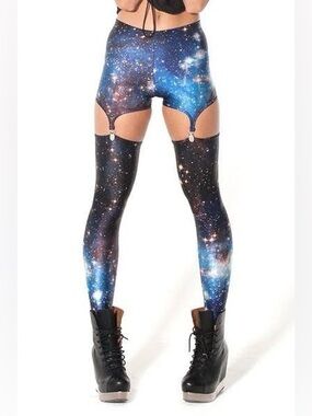NWT Blackmilk Blue/Black Galaxy Space Garter Stretch Leggings Size Small